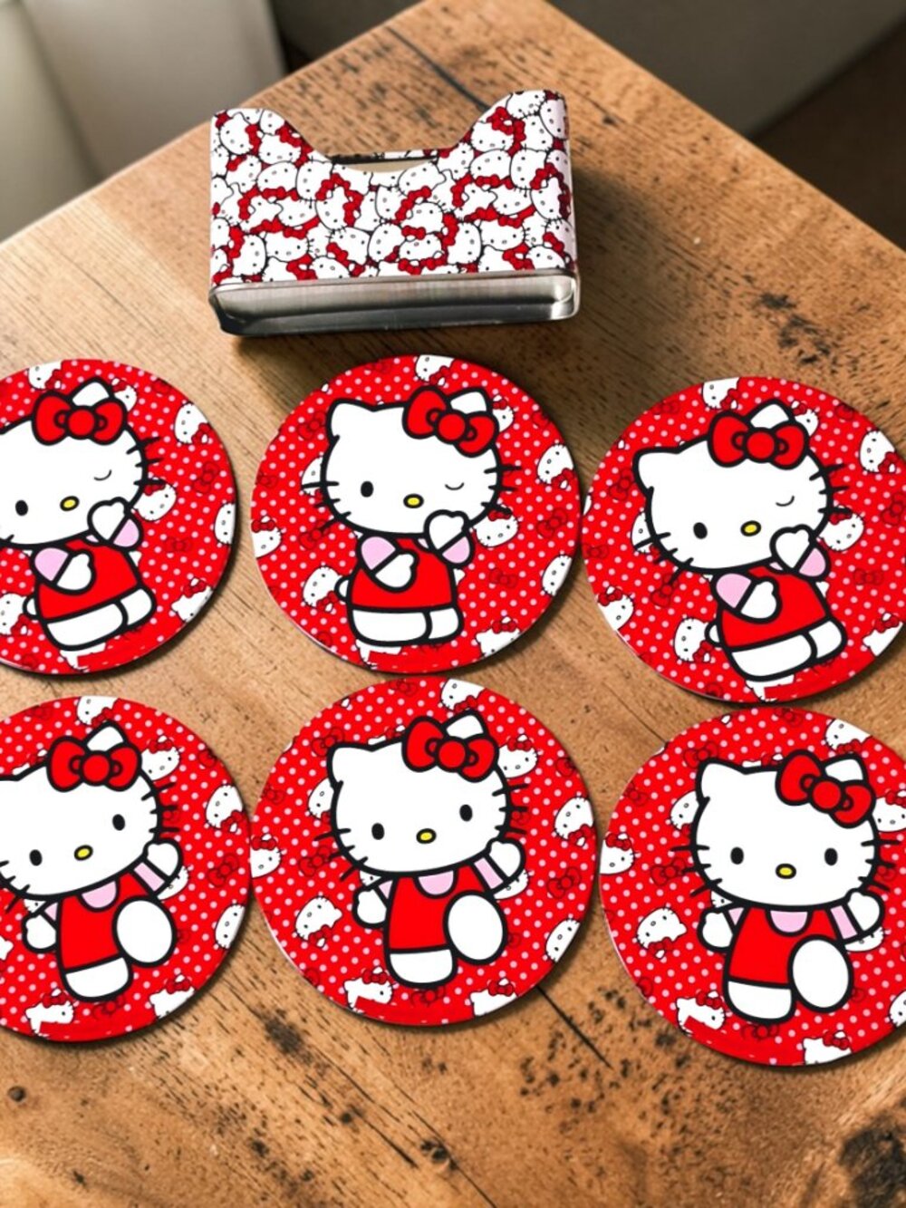 HELLO KITTY Cute Red & White Polka Dot 7 Pc Tin/Cork Coaster Set